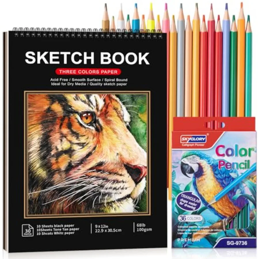 

Drawing Sketchbook Kit, Sketch Book with 36 Color Pencils, Three Color Black Sketch Pad, Acid-Free Drawing Pad for Artist, Art