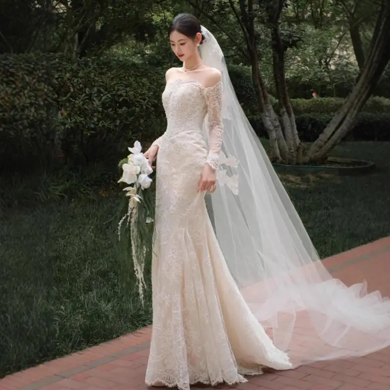 

Elegant Women Bride Wedding Dress Lace Satin Beads Mermaid Dress Cheongsam Celebrity Banquet Gown Jacquard Vestidos De Festa