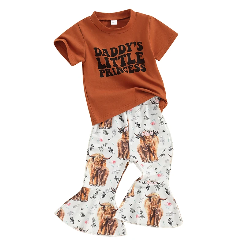 Baby Girl 2Pcs Spring Outfits Short Sleeve T-Shirt Cow Print Flare Pants Set Toddler Clothes