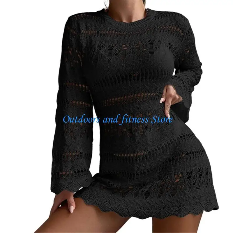 

H053 Long Sleeve Crochet Beach Coverup Lady Bathing Suit Wrap Dress Hollow Out Beach Coverup Dress for Beach Parties, Pool