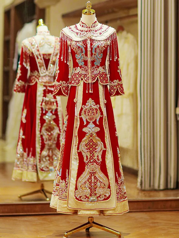 

Новое сверхмощное свадебное платье в китайском стиле, платье невесты с драконом и фениксом