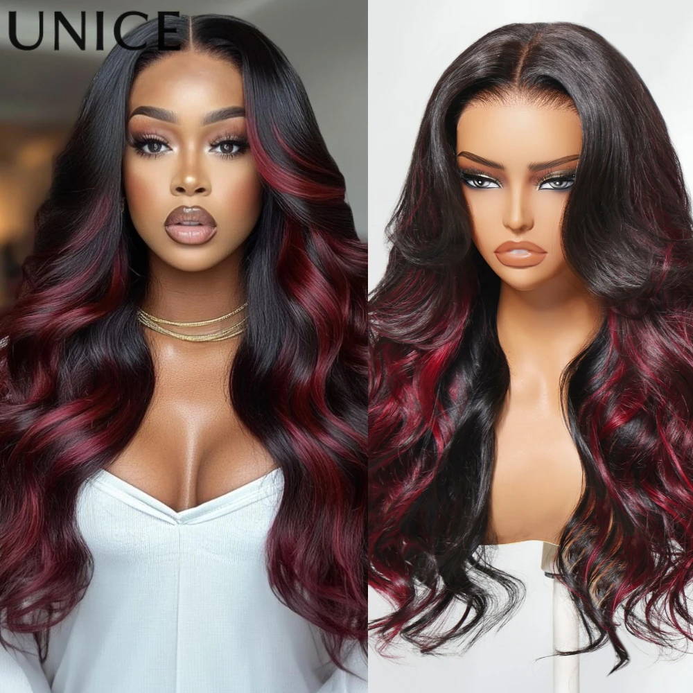 

Unice Hair Burgundy Highlights 7x5 Pre Cut Pre Bleached Loose Wave Glueless Wig Human Hair Ready To Wear 180% Density