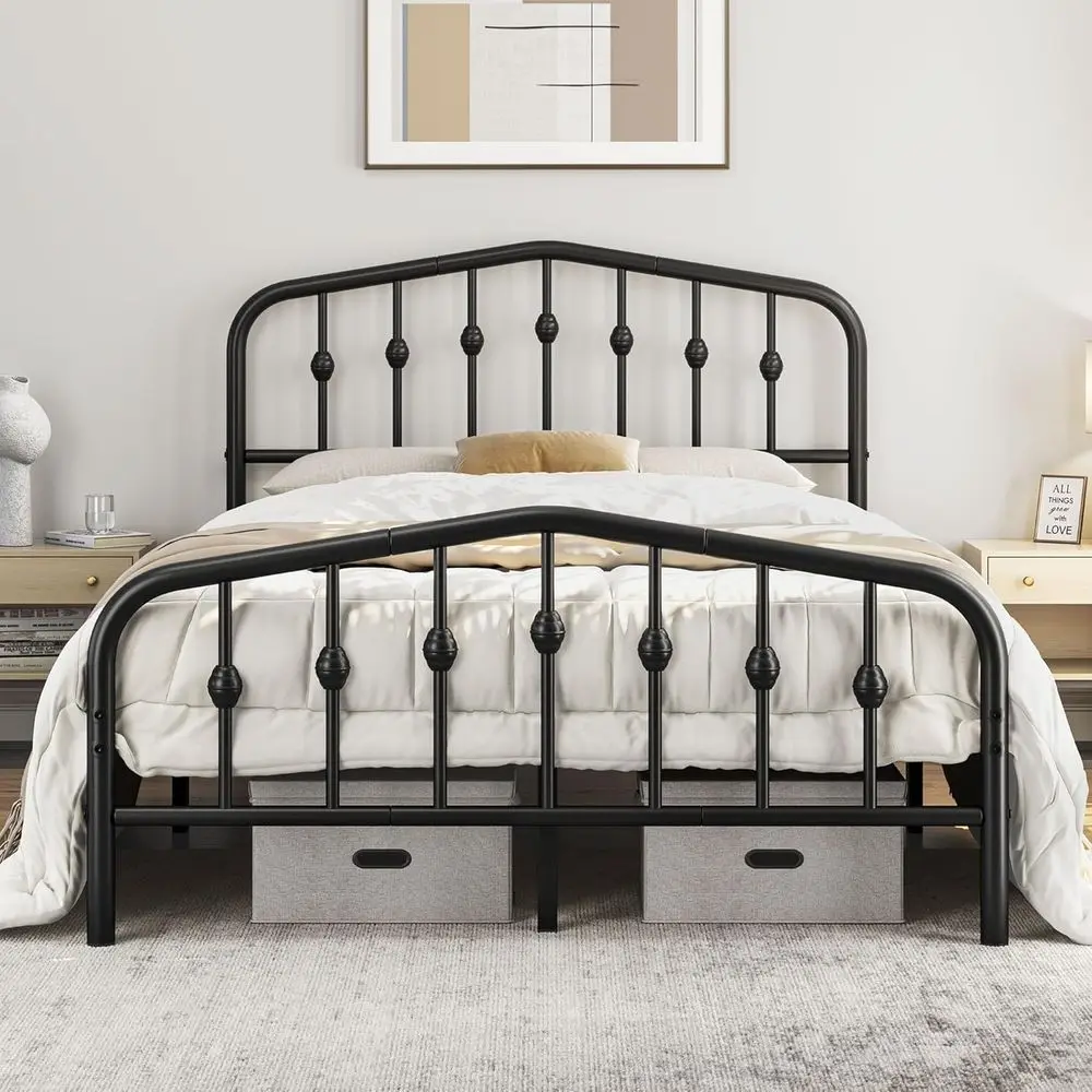 

Vintage Style Black Metal Bed with Headboard and Footboard - No Box Spring Required, Easy Assembly, Sturdy Platform Bed