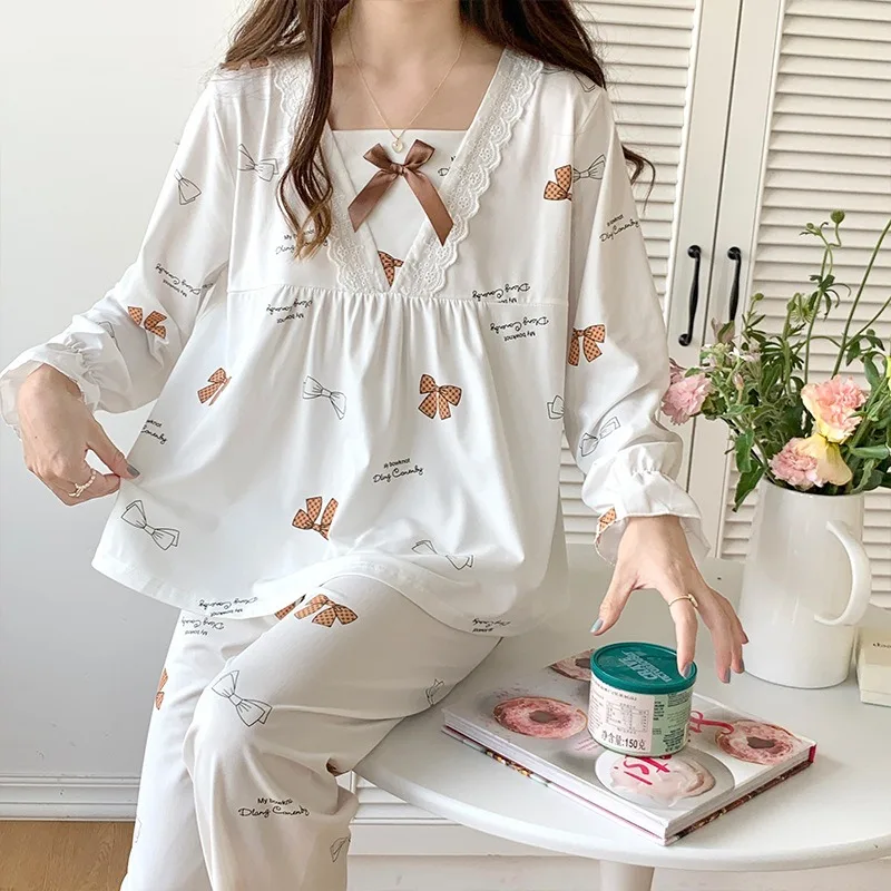 

Women Pajama Set Imitation Cotton Long Sleeve Cute Princess Style Heart Print Bow Tie Long Pants Homewear Plus Size Two-Piece S