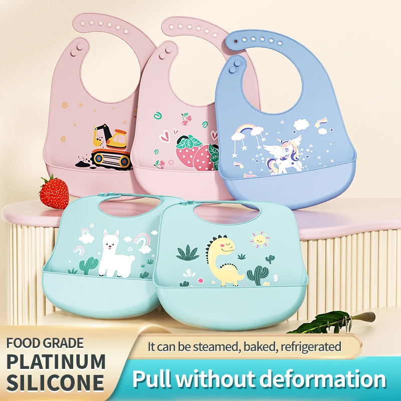 Silicone Baby Bibs for Infants & Toddlers Cartoon Waterproof Soft Food Catcher Pocket Easy Wipe&Dishwasher Safe - Adjustable Fit