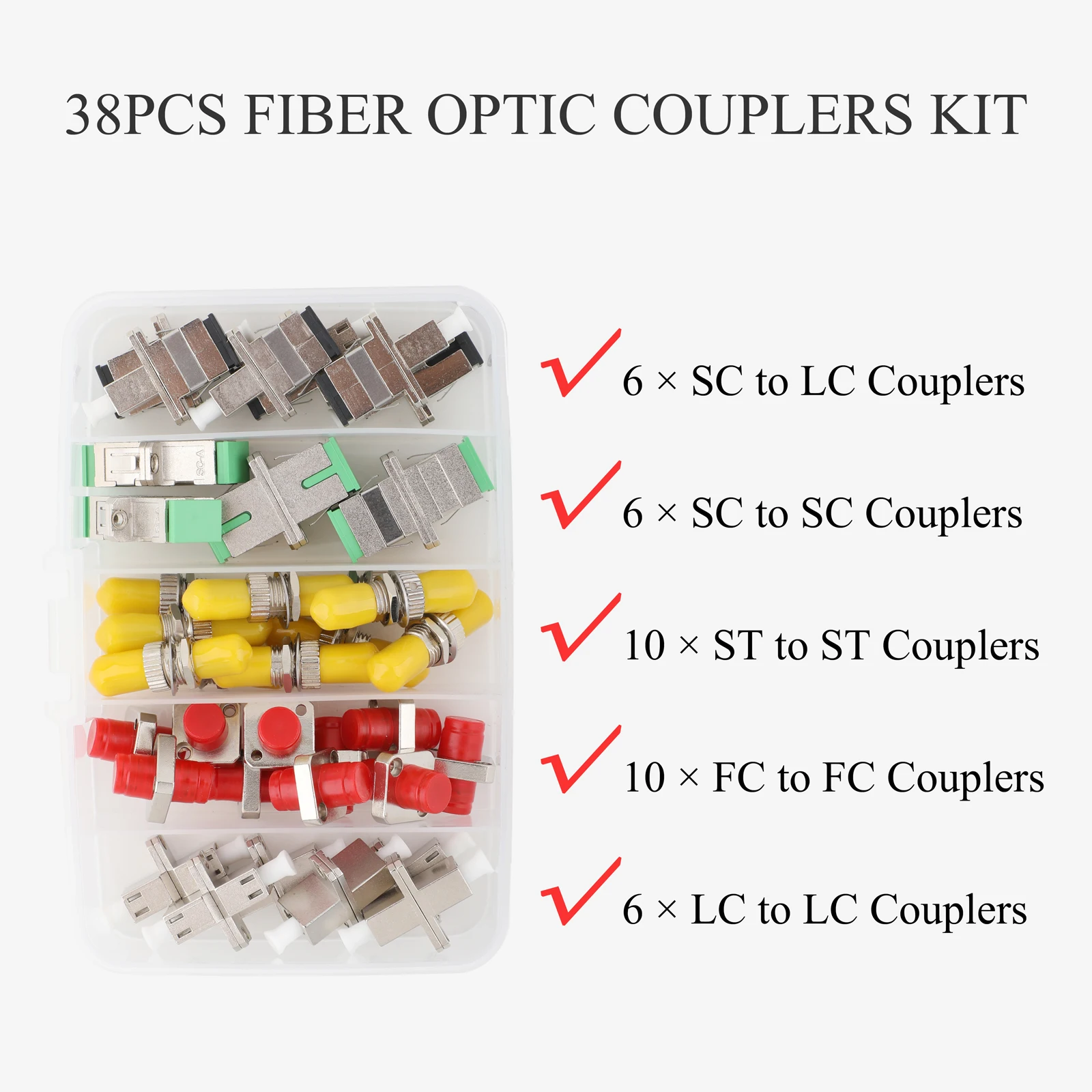 

38PCS Fiber Optic Coupler Kit - Fiber Adapter Kit for SC/APC, SC/UPC, LC/APC, LC, ST & FC for Fiber Conversion