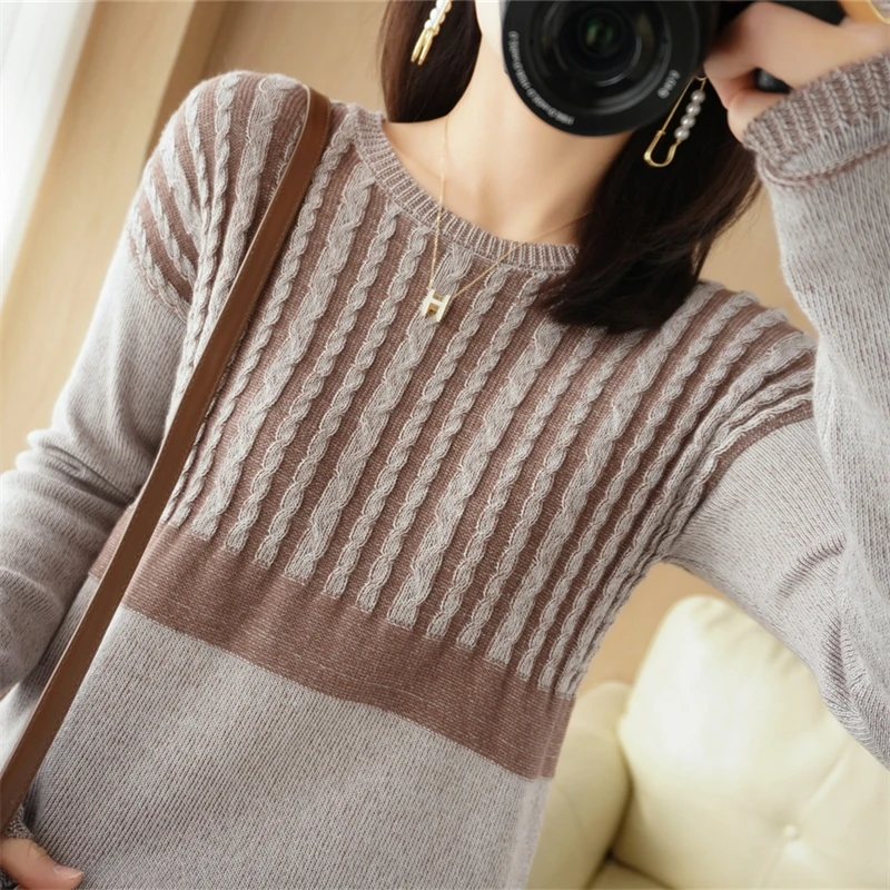 Hot Sale New Autumn Winter 100% Pure Cotton Sweater Women O-neck Pullover Contrast Vertical Stripe Loose Casual Knit Base Tops