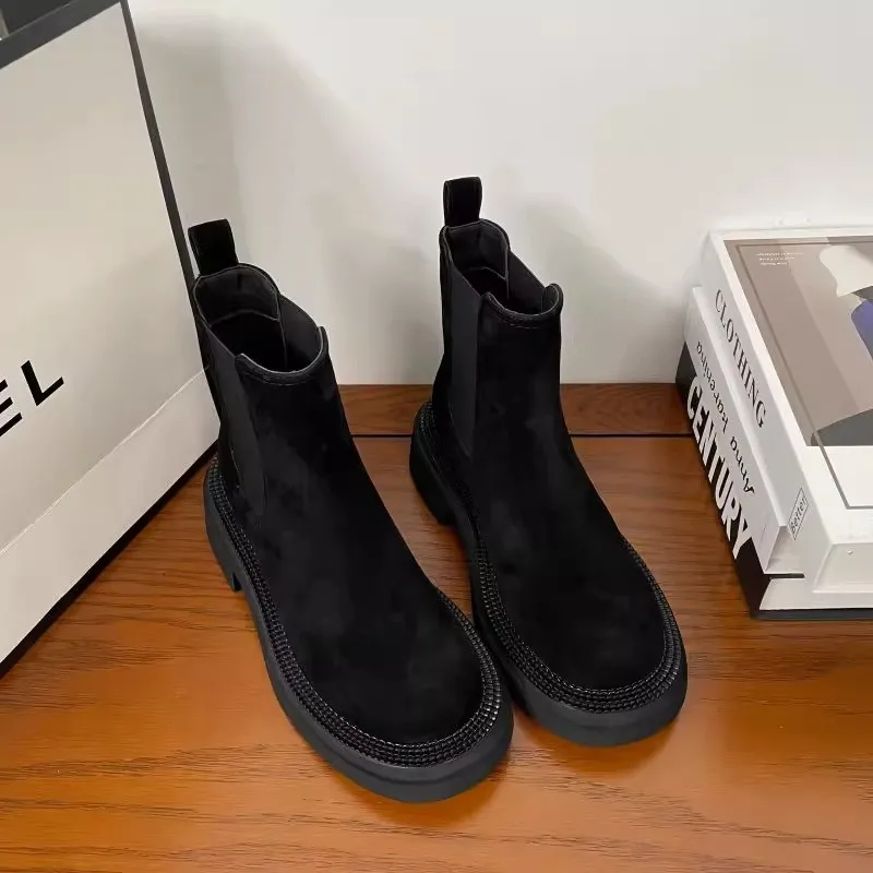 Women's Shoes 2023 New Mid-Calf Women's Boots Winter Slip-on Casual Boots Women High Quality Round Toe Square Heel Shoes Women