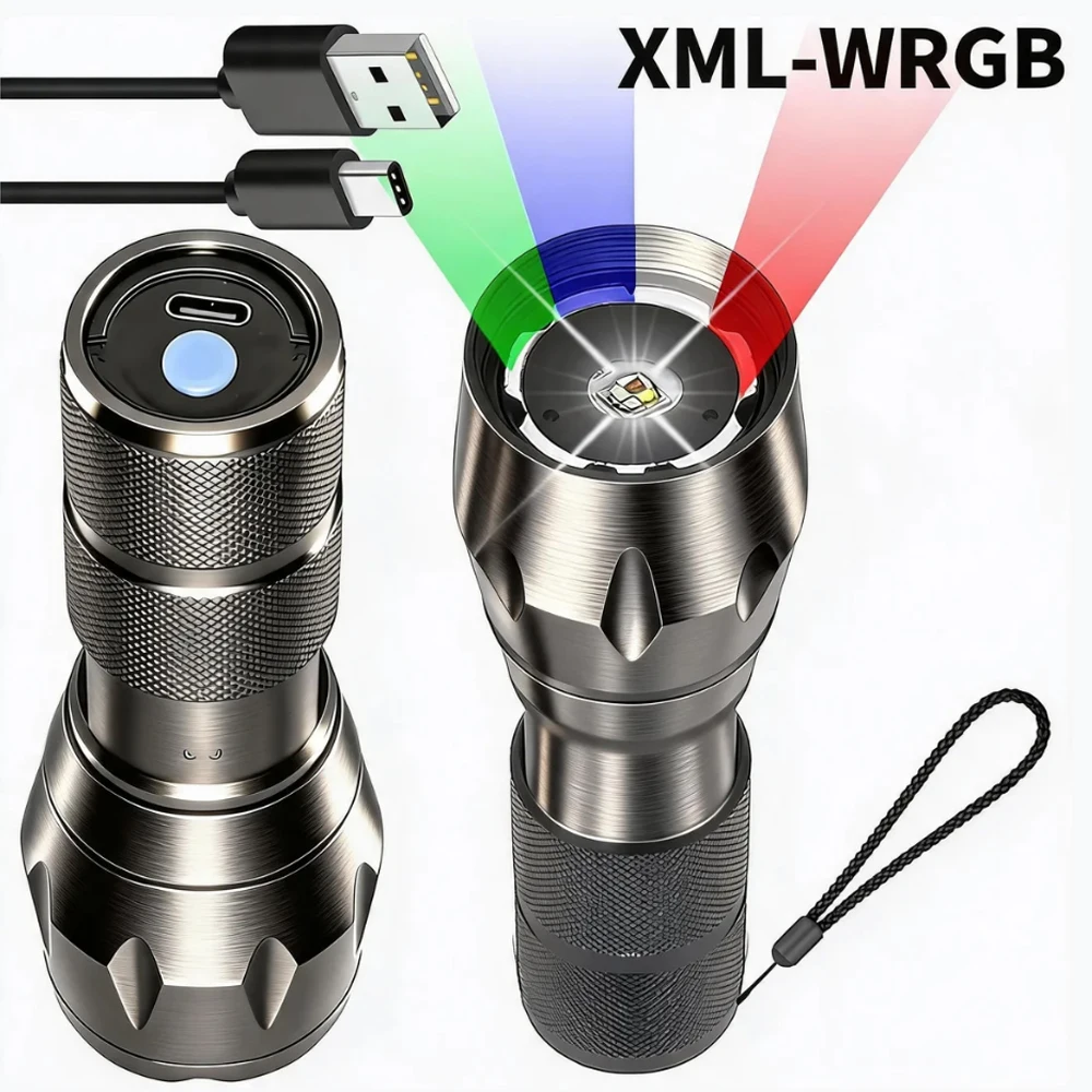Flashlight Type-c Rechargeable, 4 in 1 White Light and Blue Lights and Green Lights and Red LED, 4 Modes