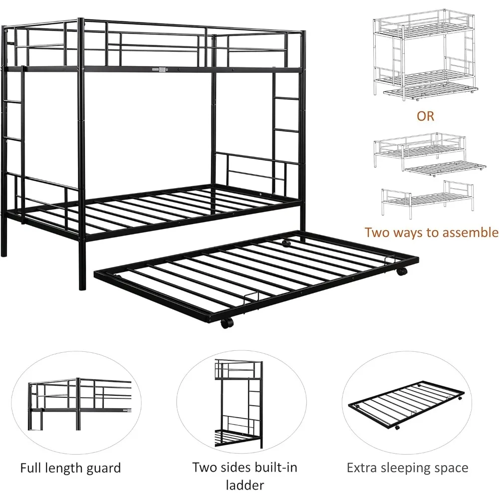 Beliche de metal duplo sobre gêmeo com estrutura de beliche resistente com 2 escadas laterais beliche conversível com trilhos de proteção