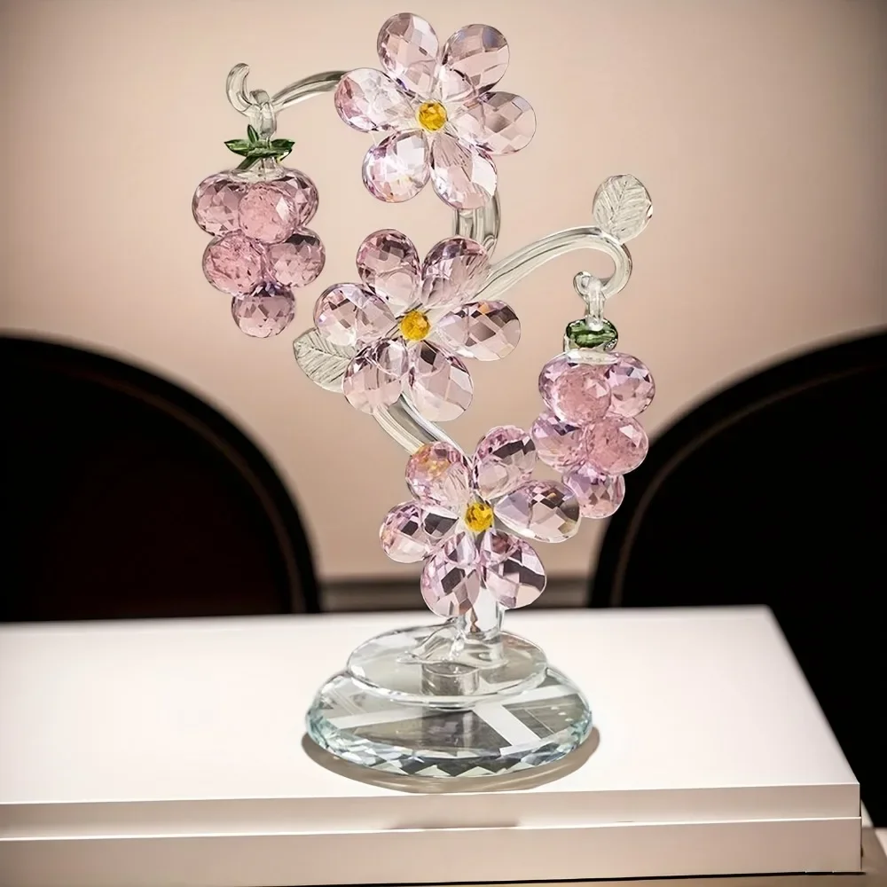 Pink Crystal Flower Sculpture with Rotating Base, Handmade Home Decor Ornament Gift for Valentine's Day Mother's Day