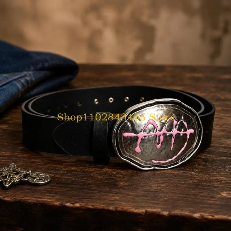 49MC Irregular Fastener Leather Belt with Pink Hand-Applied Motif for Styling Jeans, Cargo Pants, or Skirt Outfits