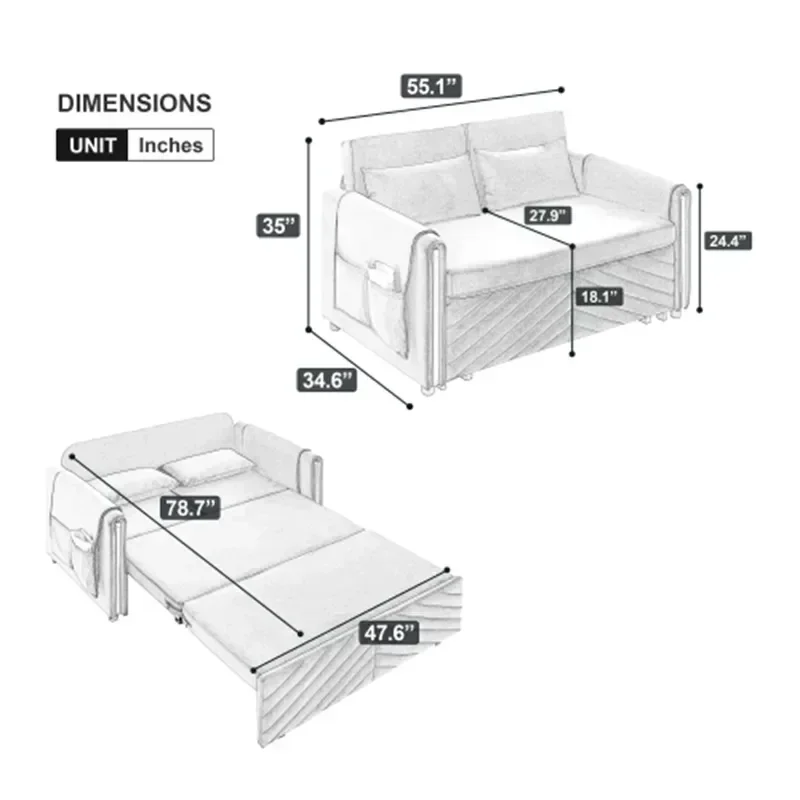 أريكة سرير قابلة للتحويل 3 في 1، أريكة سحب مقاس 55 بوصة لغرفة المعيشة، سرير فوتون مخملي رمادي متعدد الوظائف #6