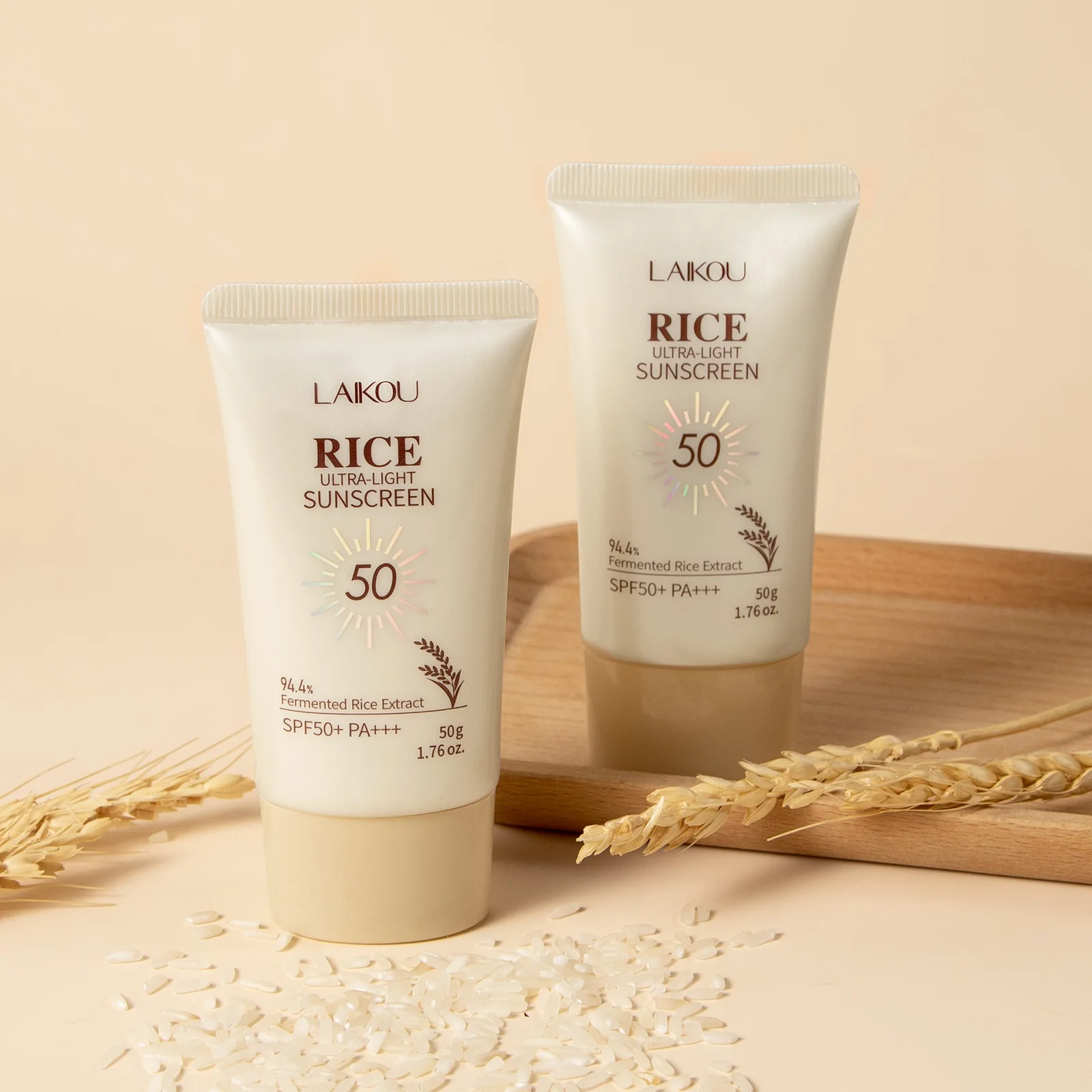 LAIKOU Rice Extract Sunscreen SPF50+ Face Sun Block UV Protection Cream Moisturizing Hydrating Non-greasy Fast Absorbing