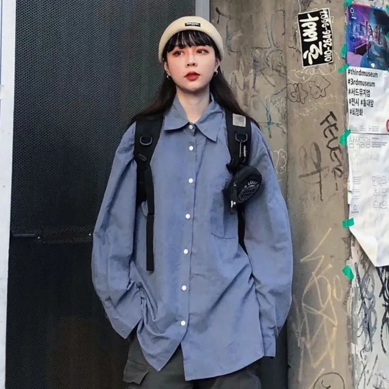 Vintage Loose Solid Women Shirts Harajuku Korean Preppy Pocket Long Sleeve Casual Top Autumn All Match Single Breasted Outerwear