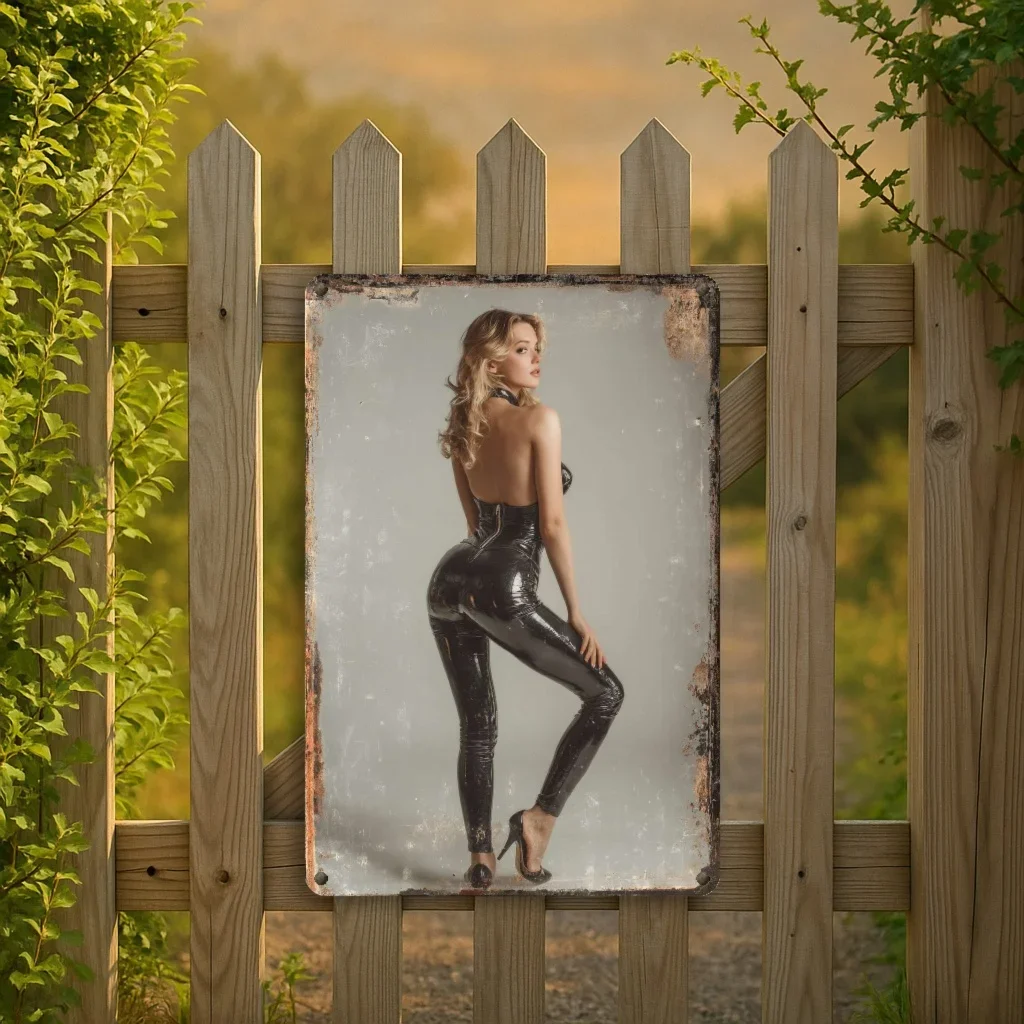 2D Flat, [2D Flat]2D Flat, Vintage Retro Metal Sign- Shiny Black Latex Halter Jumpsuit Design with Zipper Back, 8X12 Inch Rustic
