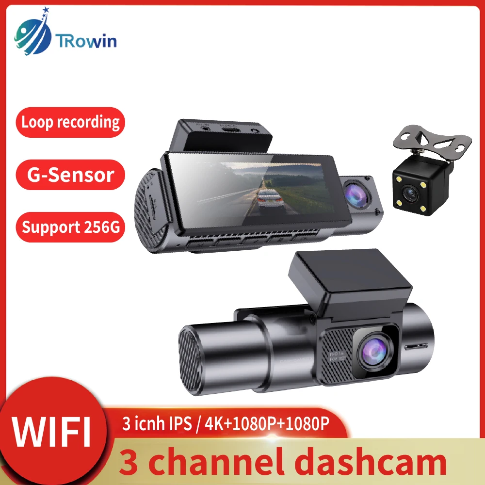 3Inch 3Channels Dash Cam 4K Car DVR Mobile WiFi app WDR Video Recorder Night vision Ftont Inside Rear Black Box