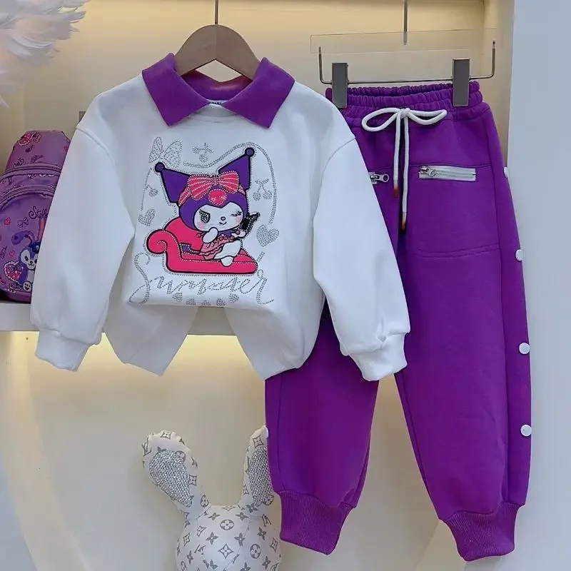 Ensemble pull et pantalon de survêtement Kawai Sanrios Anime Kuromi pour enfants, t-shirt à manches longues, pull de sport pour fille imbibé, vêtements pour enfants, mode, 2 pièces