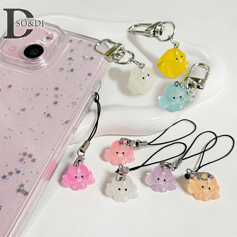 1Pair Cartoon Luminous Octopus Phone Lanyard Lovely Animal Mobile Phone Chain Keyring Camera Pendant Car Key Accessories