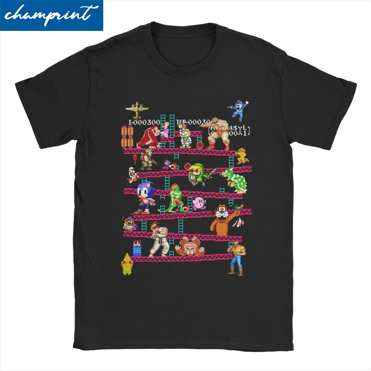 Arcade Game Collage T-Shirts for Men FC Console Vintage Style Cotton Tee Shirt Round Neck Short Sleeve T Shirt Gift Idea Tops