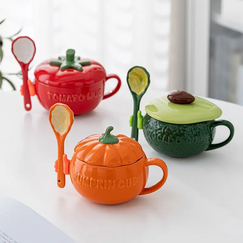 Modern Cute Fruit Shape Cup 300ml Mug Drinkware Cartoon Pumpkin Tomato Avocado Ceramic Coffee Cup Couple Teacup Home Decoration