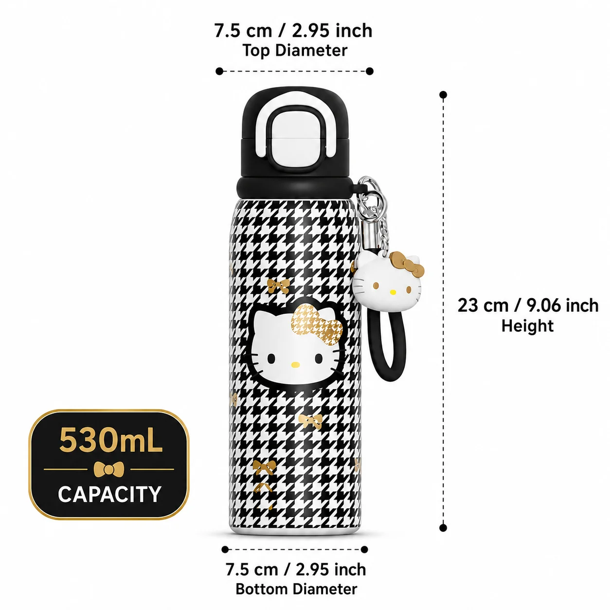Sanrio Hello Kitty 530ml Dual Drink Insulated Water Bottle 316 Steel Travel Tumbler with Cute Charm Portable Hot Cold Cup