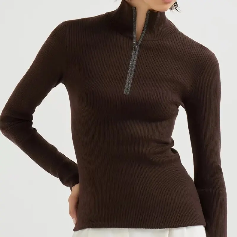

【Gift Free】 B*C Beaded Half-Zip Knit Top Women’s Solid Color Slim Fit Mock Neck Long Sleeve Pullover