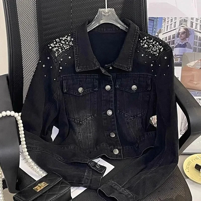 

Джинсовая куртка, однобортная джинсовая куртка со стразами, уменьшающая возраст, для женщин, ранняя осень, высококачественная короткая дизайнерская куртка