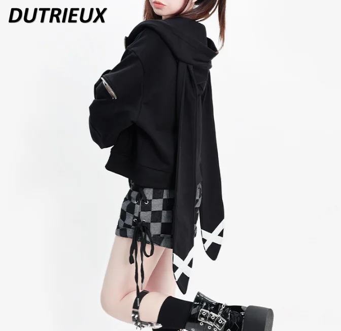 Lolita Cute Rabbit Ears Black Short Hooded Sweatshirt Women\'s Long Sleeve Spring Autumn Zip Up Oversized Hoodies Coat Cardigan