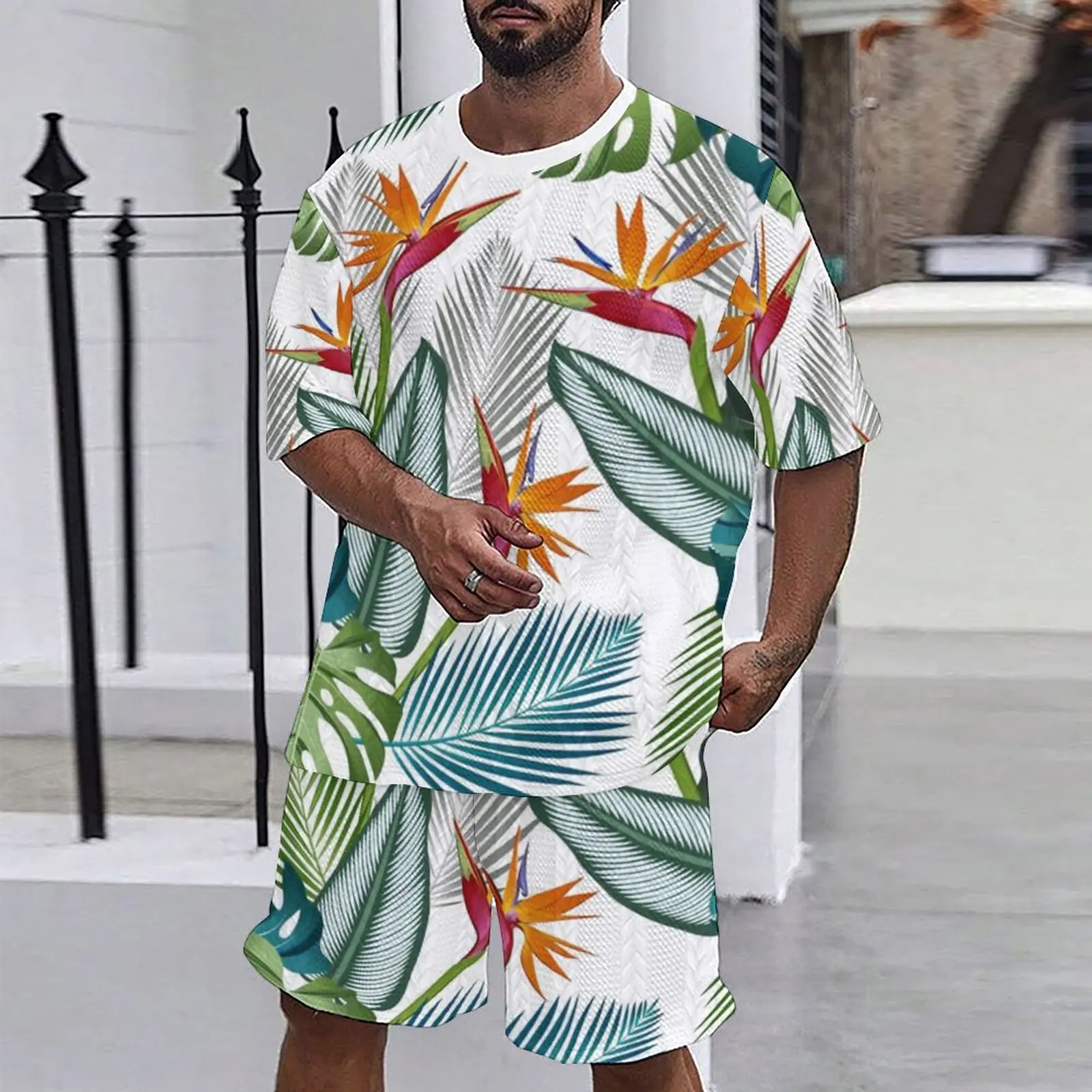 

Новинка лета 2024, повседневный вязаный мужской костюм свободного кроя с 3D принтом Дня независимости, Мужская футболка и шорты с круглым вырезом, комплект из двух предметов