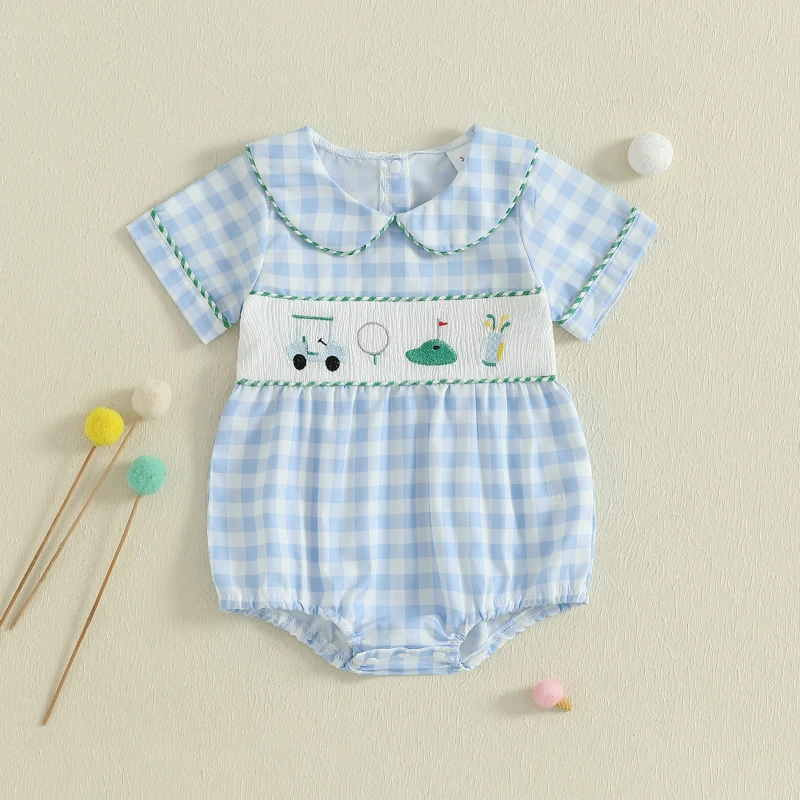 

Baby Boys Summer Romper Clothes Golf Cart Embroidery Short Sleeve Doll Collar Plaid Jumpsuit Infant Playsuit Streetwear