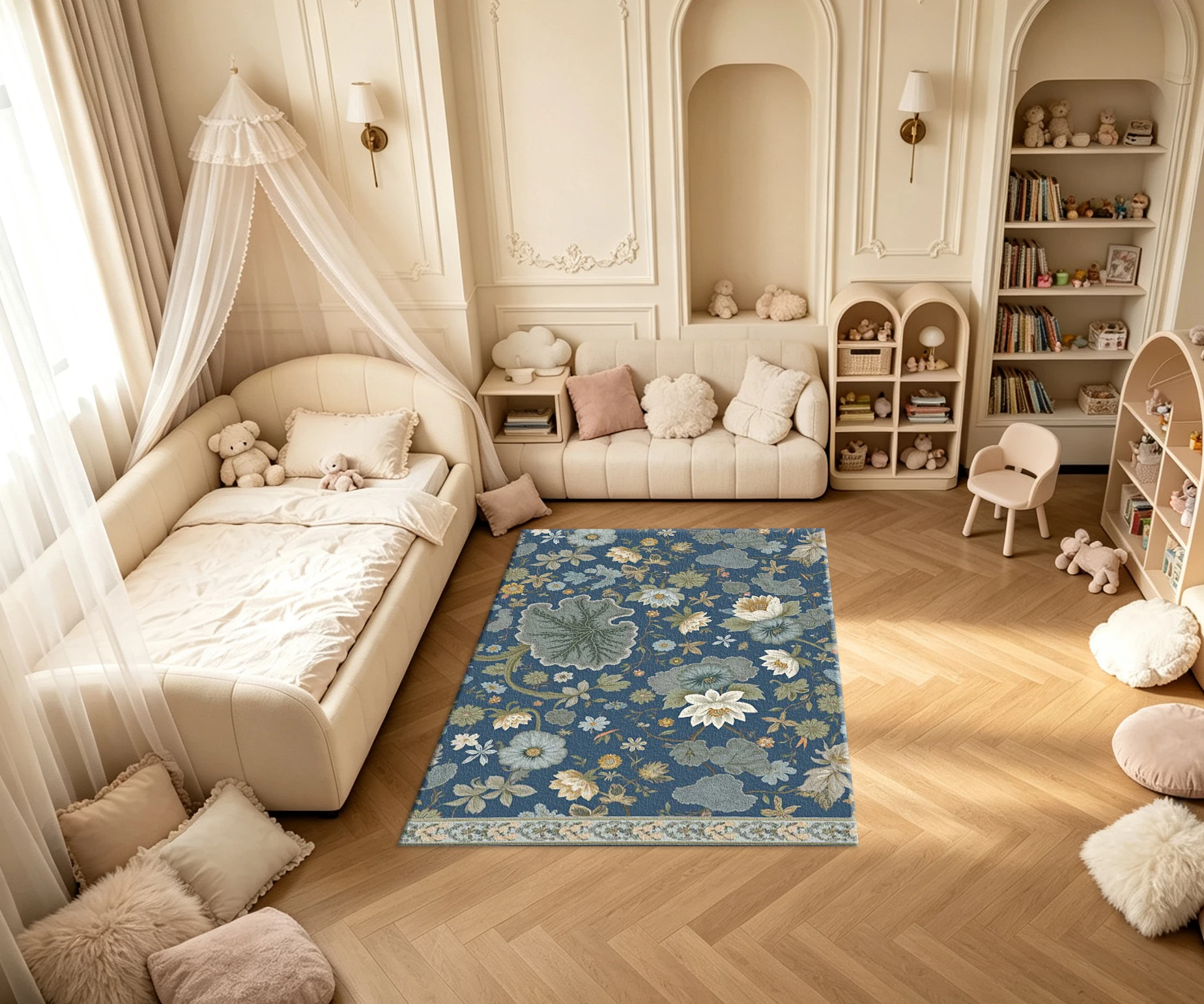 Vintage Blue Background Lotus Botanical Carpet Flooring Retro Water Lily Flower Printed Square Floor Rug for Household Interior Ornament
