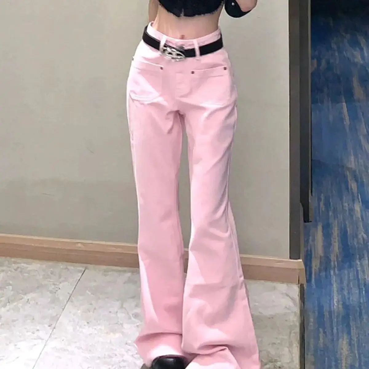 Flare Jeans Pink High Waist Streetwear Loose All-Match Spring Fashion Korean Style Simple Women Asual New Floor Mopping Pants