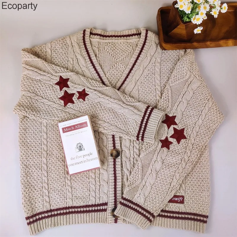 Knit Print Winter Cardigan Sweater Chic Vintage Star Preppy Long Sleeve Autumn V Neck Aesthetic Retro Single Breasted Sweaters