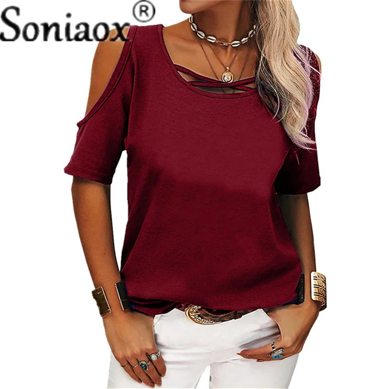 Summer Women Sexy Hollow Out Off Shoulder T-Shirts Solid Color Casual Short Sleeve O-Neck Pullovers Tops Fashion Street T-Shirts