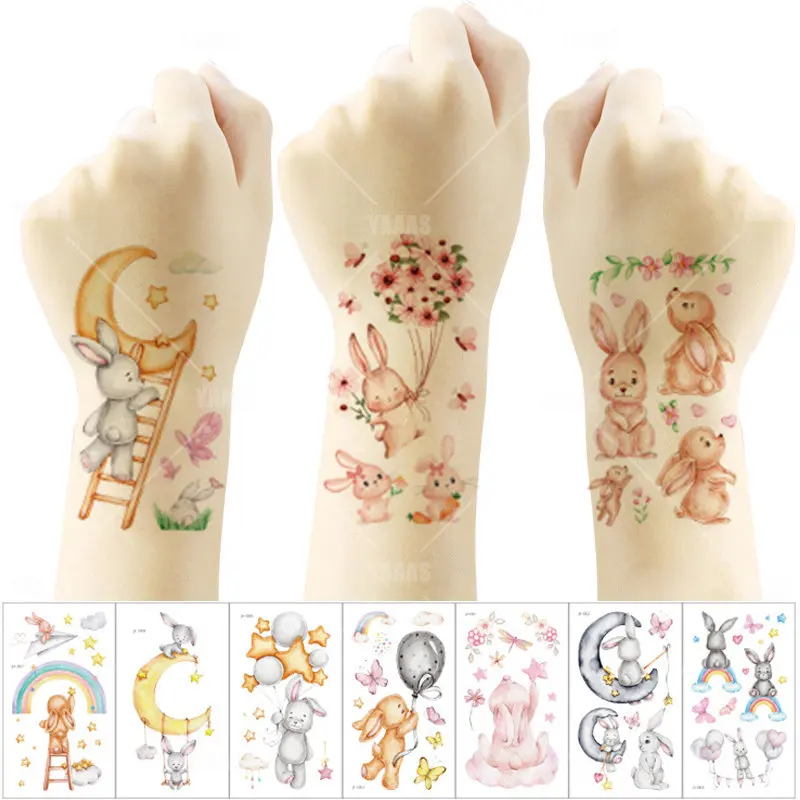 20Pcs Rabbit Fake Tattoo Sticker Cute Rainbow Clouds Easter Rabbit Temporary Tattoo Sticker Kids Toy Easter Party Decoration