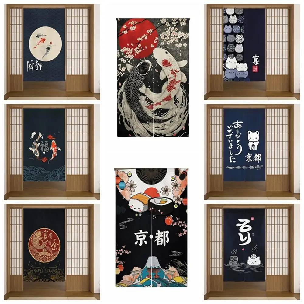 Cortina de puerta de lino japonesa, decoración Kyoto Cat Koi, partición de comedor, cocina, sala de estar, entrada, medias cortinas colgantes