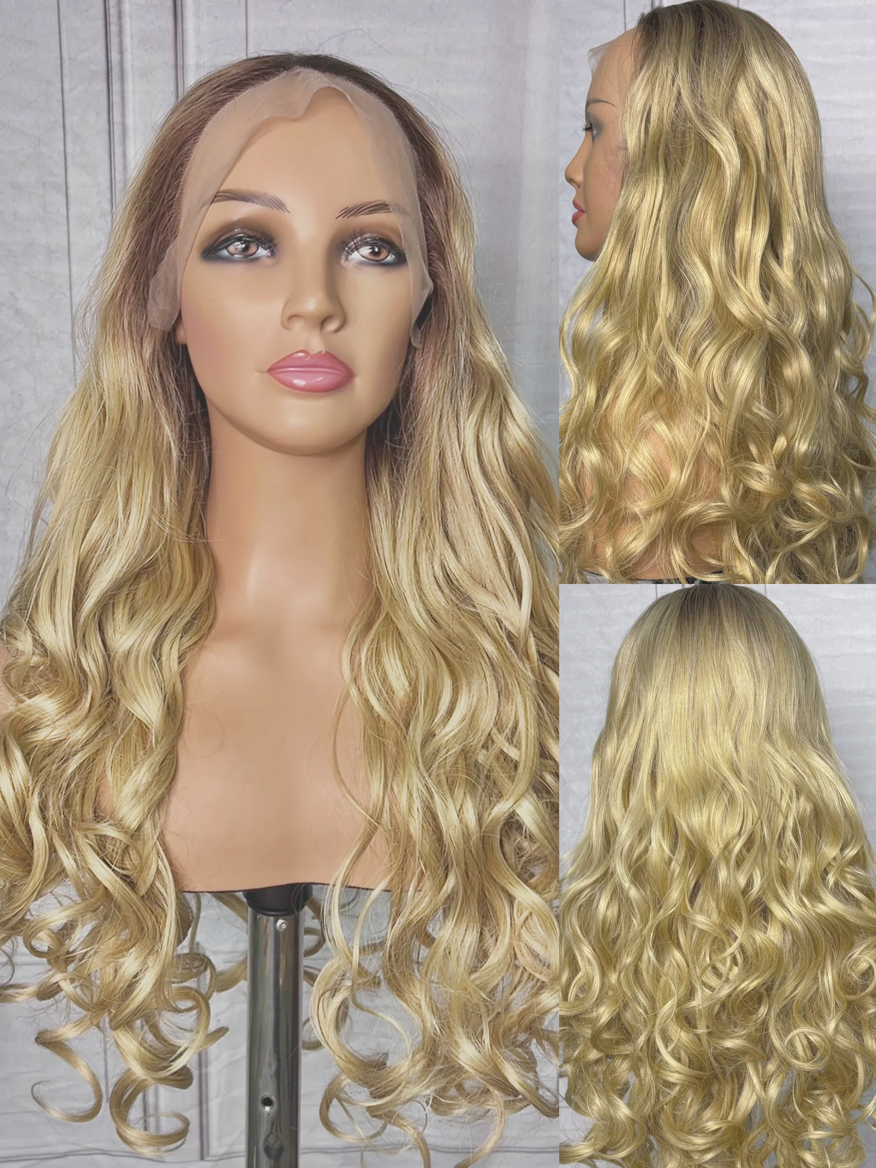 

Blonde Wavy Wigs Synthetic Lace Front Wigs For Women Daily Party Heat Resistant 180% Density Blonde Brown Highlight Fake Hairs