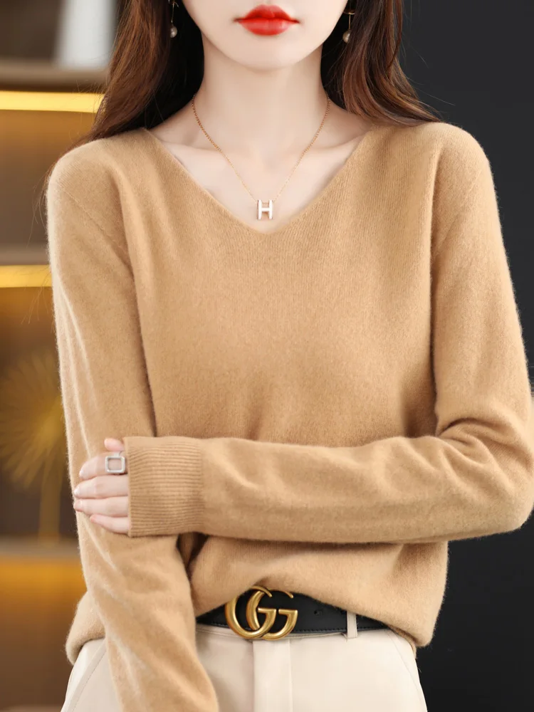 New Style Spring Autumn Knitted Sweater Basic Clothing V-Neck 100% Cashmere Merino Wool High Quality Pullover Knitwear