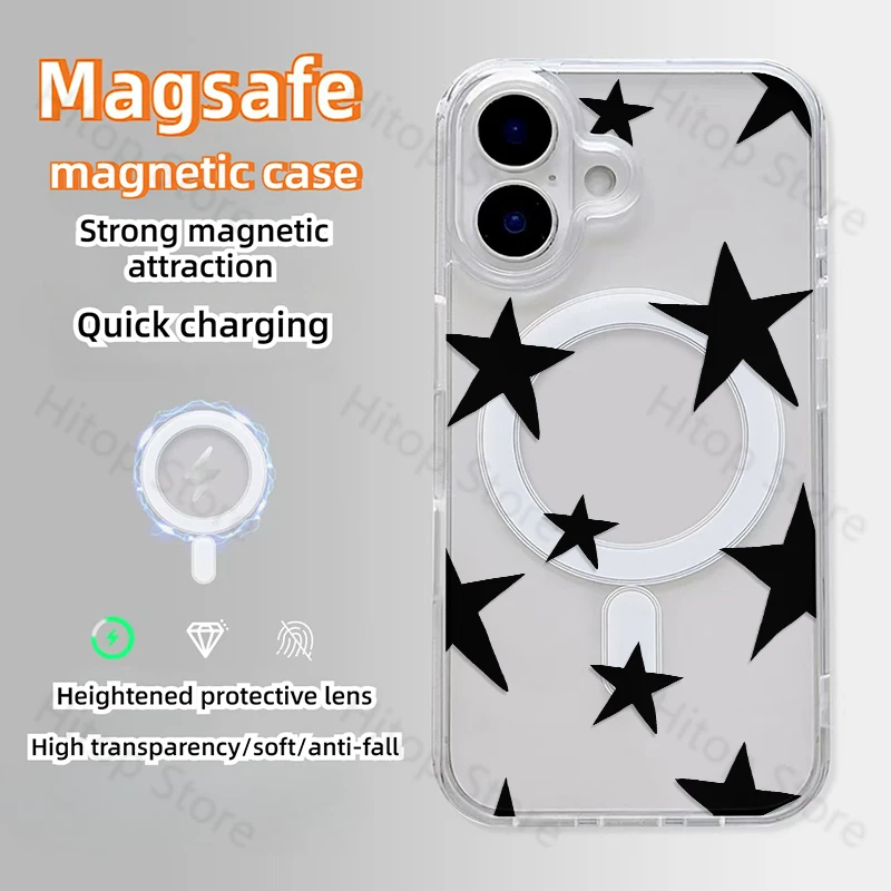 Black Five-pointed Star Printed Phone Case For iPhone 16 15 14 13 12 11 Pro Max Plus Magsafe Magnetic Wireless Charge Hard Cover