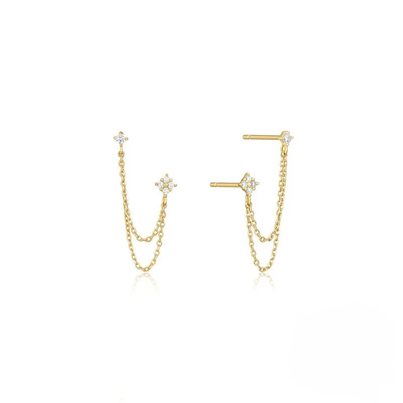 Lnngy 3mm&2mm Four Leaf Flower Moissanite Drop Earring For Women Girls Double Studs Chain Tassel Piercing Earrings Jewelry Gift