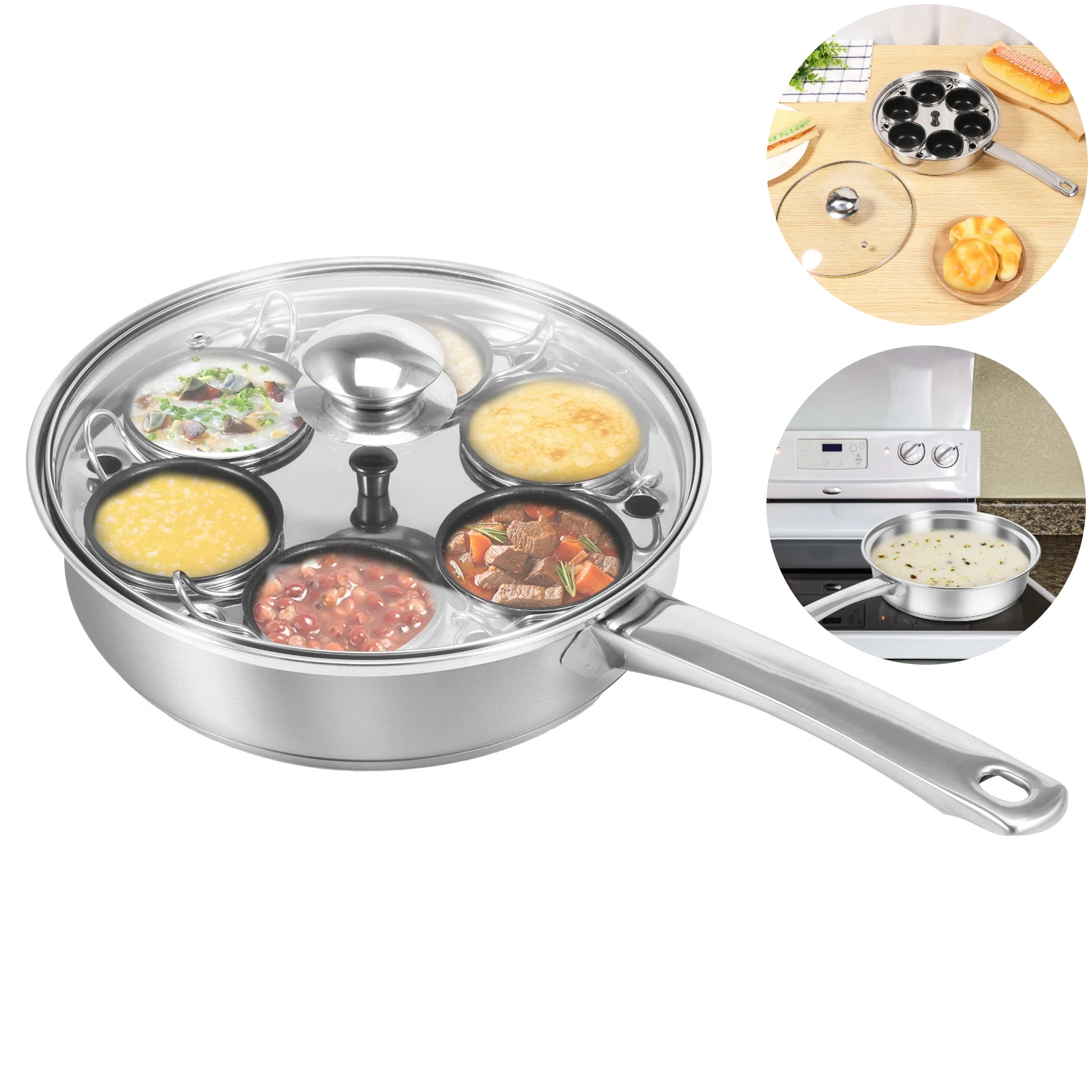 

Stainless steel multi-purpose household egg steamer with 6 small cups and multifunctional soup pot suitable for making hot food