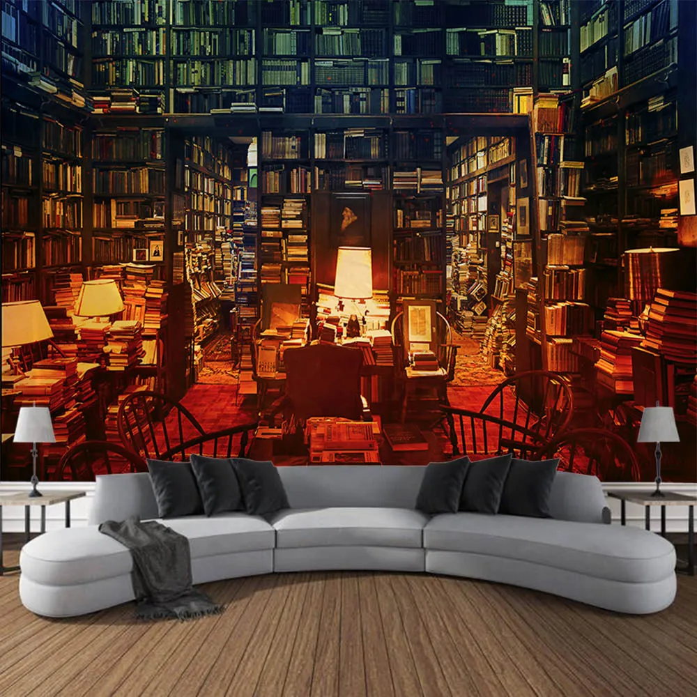 Vintage Bookshelf Tapestry, Study Room Picture Wall Hanging, Art Library Bohemian Hippie Bedroom University Dormitory Decoration