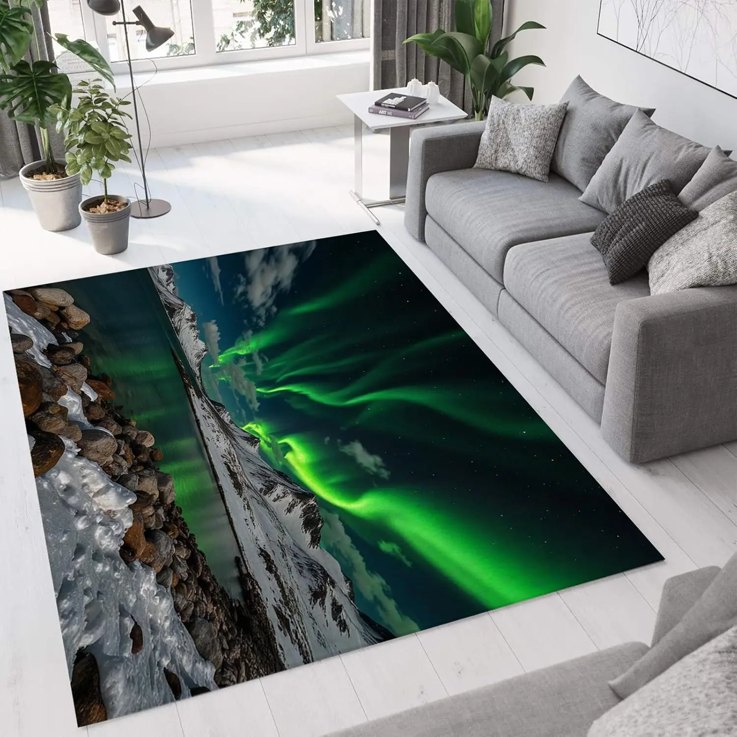 

Washable Area Rugs for Living Room Bedroom,Natural Landscape Non Slip Rug, Low Pile Soft Night Sky Northern Lights Indoor Floor