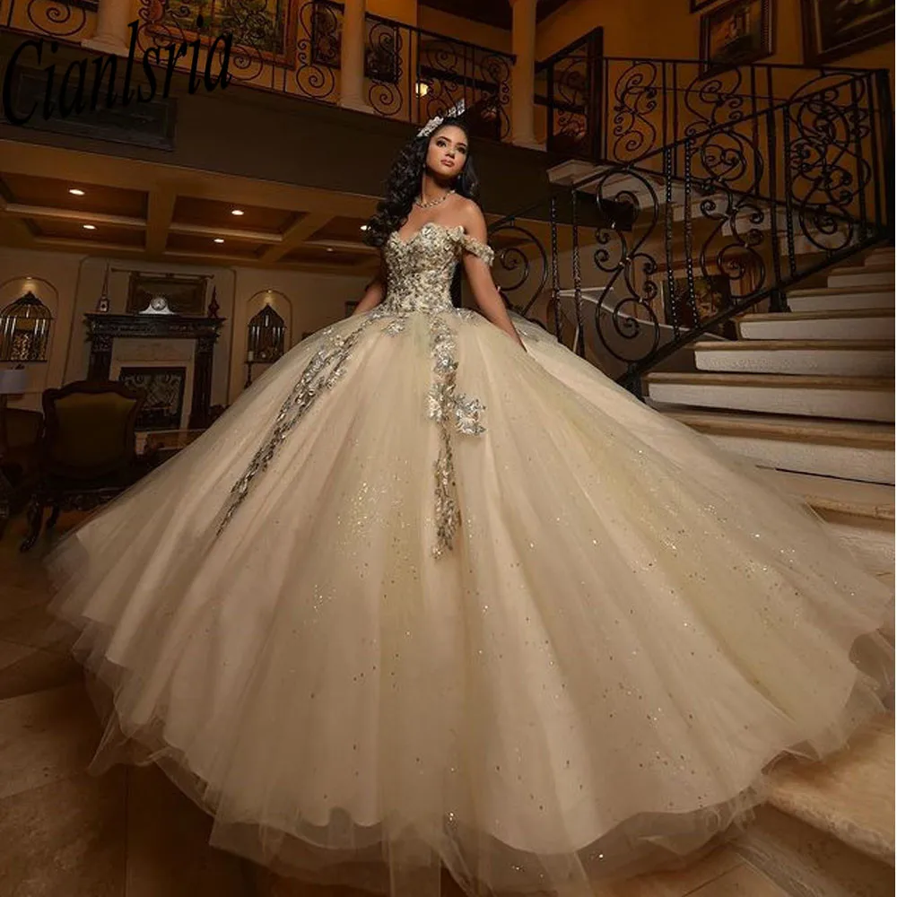 Vestido De quinceañera color champán con apliques De lentejuelas y flores, vestido De fiesta De princesa dulce De 16 Años