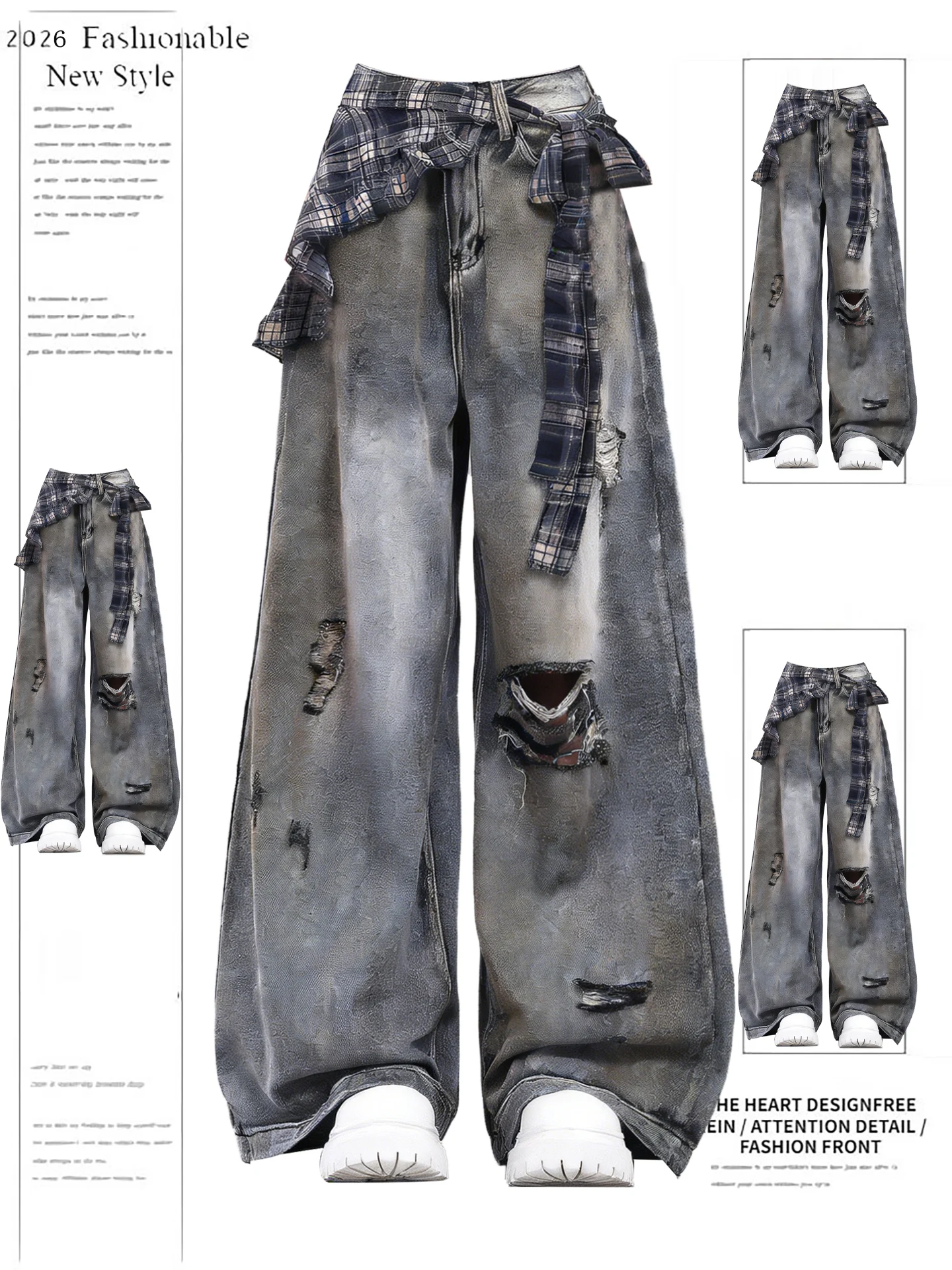 

Американские винтажные рваные джинсы для женщин, весна 2026, новый дизайн, широкие брюки в клетку с высокой талией, повседневная одежда