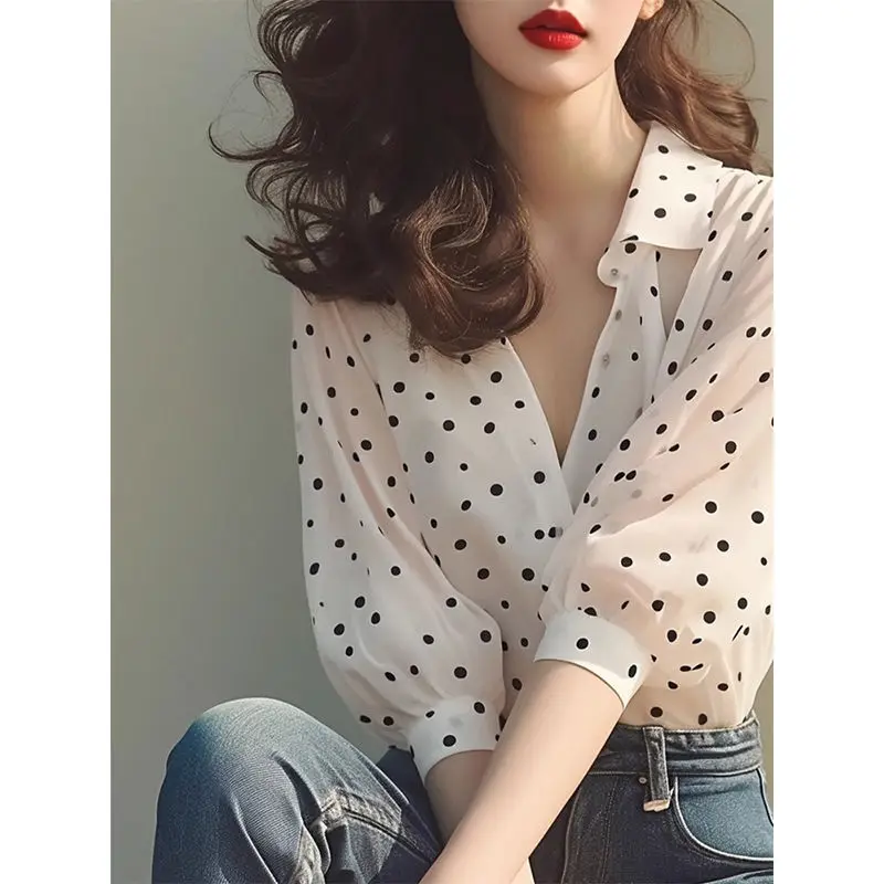 Female Tops Dots Short Sleeve Women\'s Shirt and Blouse Chiffon Elegant Social Youthful Novelty 2024 Cute Clothing Sales Basic Xl