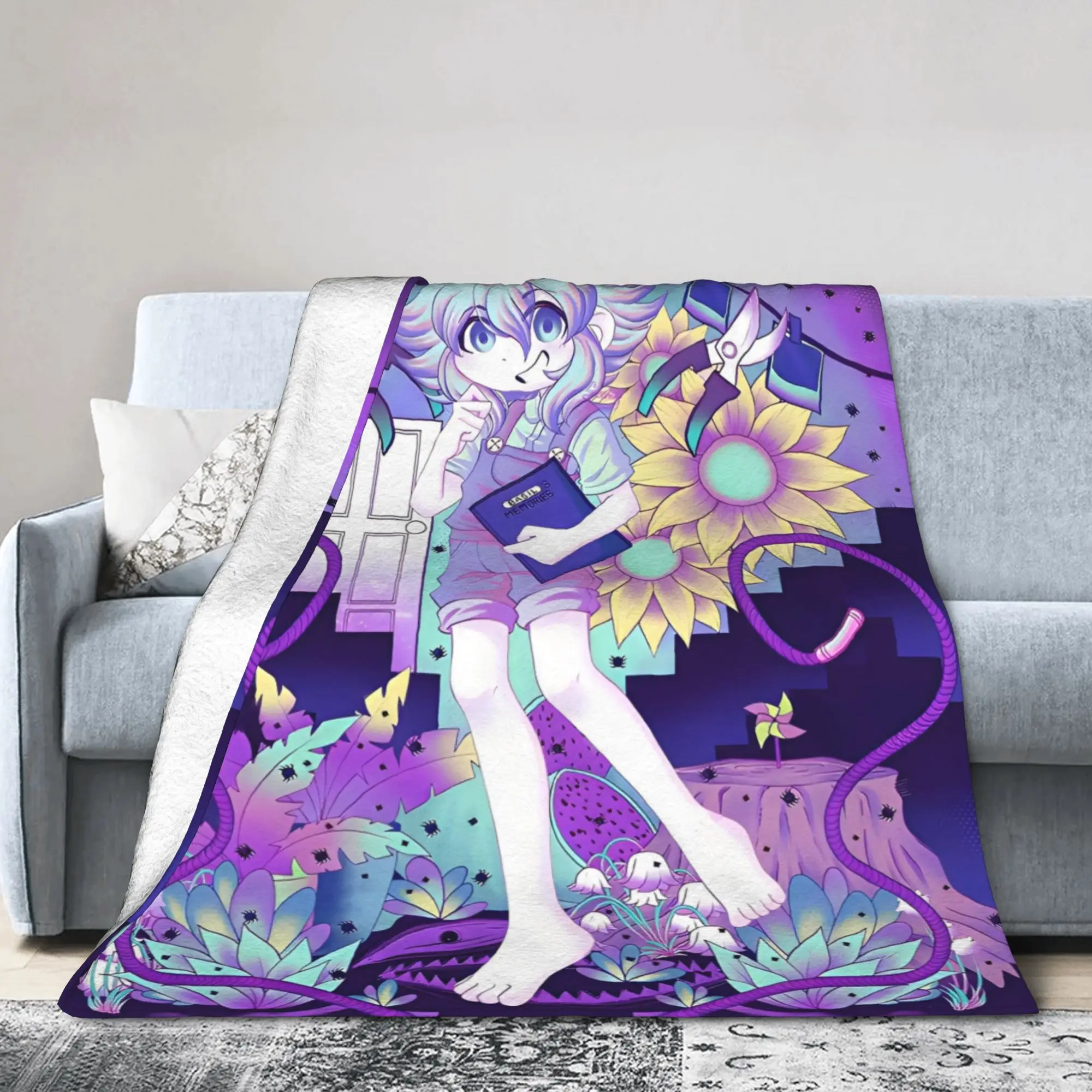 Anime Basil Sunny Omori Game1 Flannel Blanket  Soft Durable Throw Blanket for Couch Bed Picnic Graphic Bedspread Sofa Bed Cover