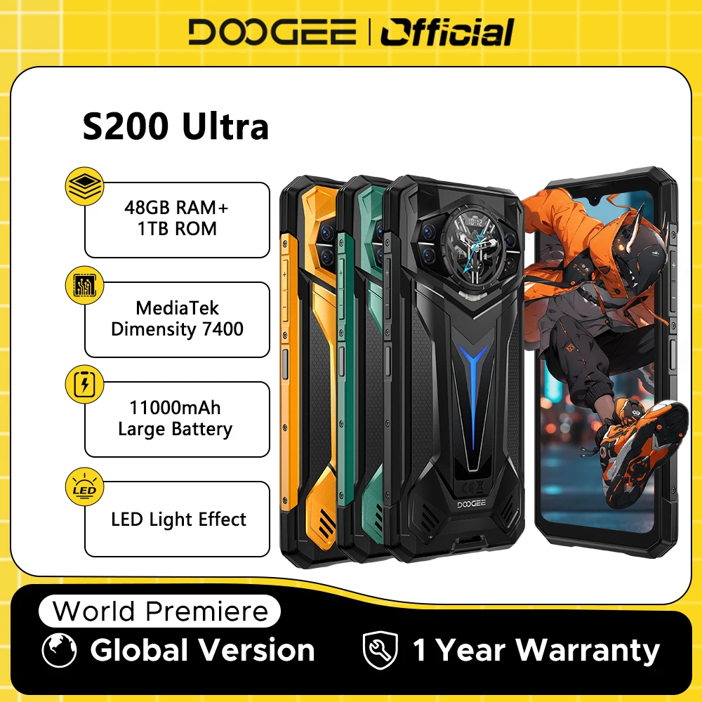 World Premiere DOOGEE S200 Ultra Rugged Phone 48GB+1TB Dimensity 7400 6.72” FHD+120Hz Screen 11000mAh Battery 66W NFC Smartphone