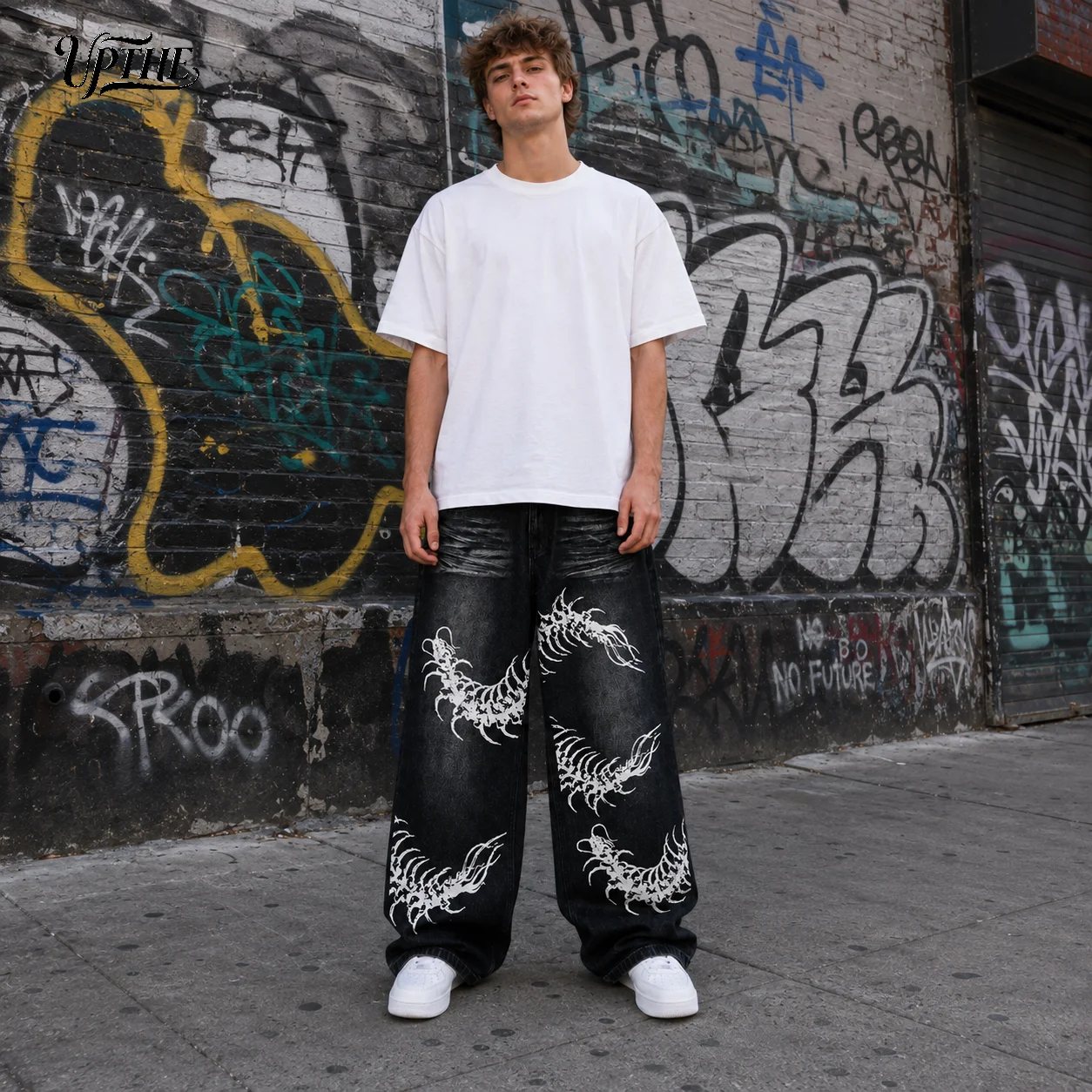 Men's Baggy Wide Leg Jeans, Y2K Vintage Washed Centipede Skeleton Graphic Print Denim Pants, Loose Fit Hip Hop Punk Streetwear Casual Trousers for Men